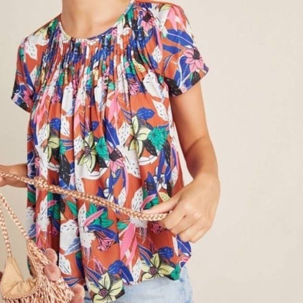 Anthropologie Dolan Floral Pleated Blouse Size Petite M